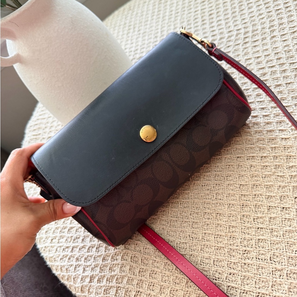 Coach Signature Canvas Crossbody with Red Flap and Brown Body - Picture 6 of 11